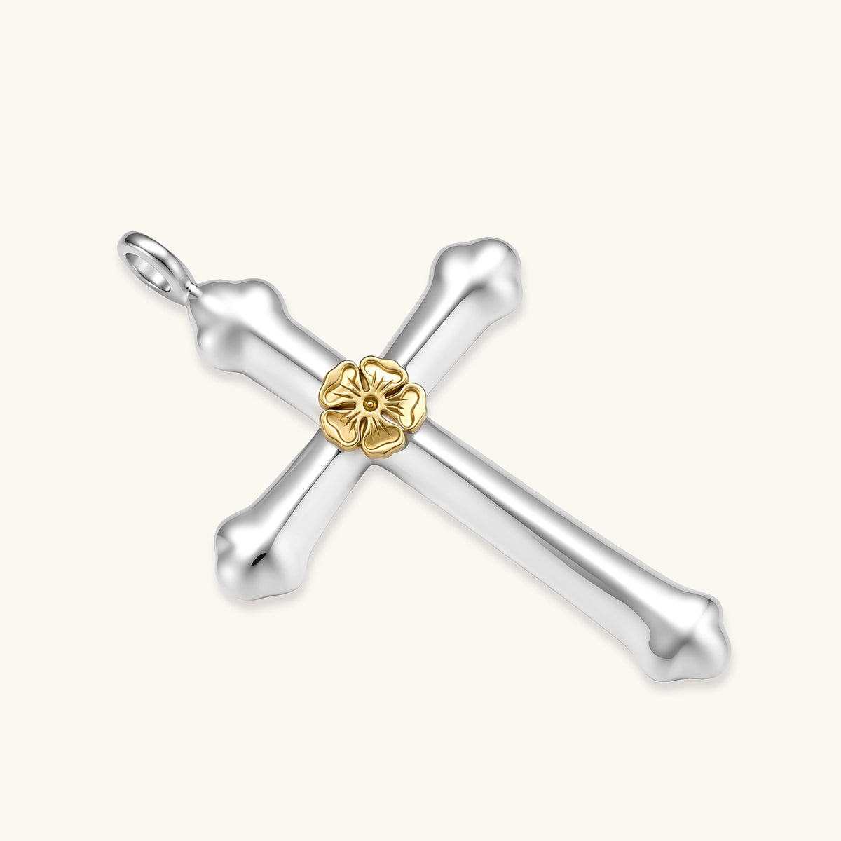 Sterling silver cross pendant with gold Luther rose center detail on a box chain, 71mm length, white background.