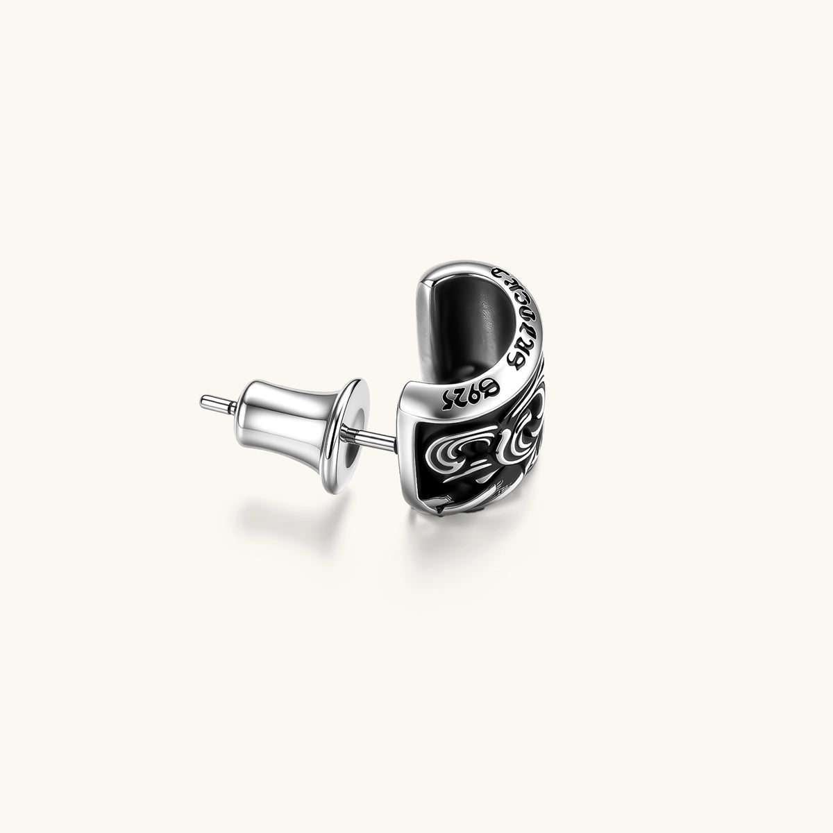 925 sterling silver hoop stud earring with dark baroque scroll engravings and gothic lettering, screw-back post.