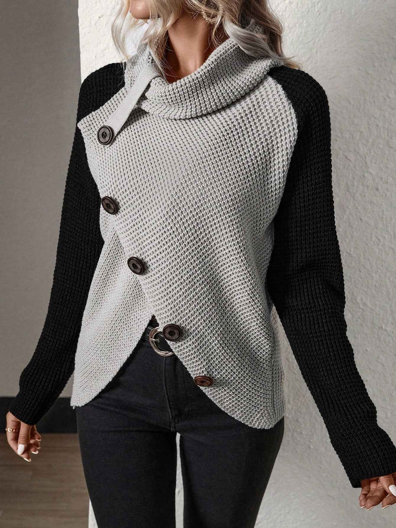 LUNE Colorblock Button Front Asymmetrical Hem Sweater,Long Sleeve Tops