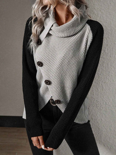 LUNE Colorblock Button Front Asymmetrical Hem Sweater,Long Sleeve Tops