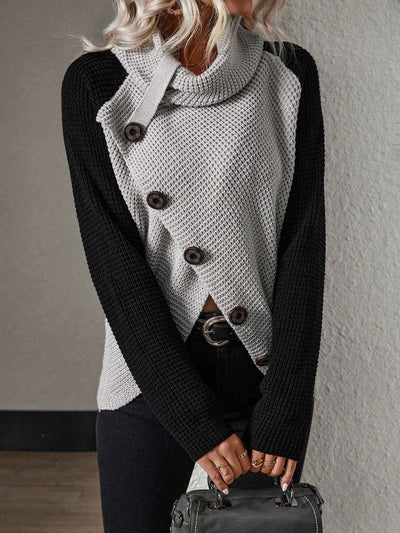 LUNE Colorblock Button Front Asymmetrical Hem Sweater,Long Sleeve Tops