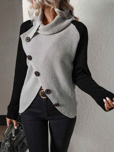 LUNE Colorblock Button Front Asymmetrical Hem Sweater,Long Sleeve Tops