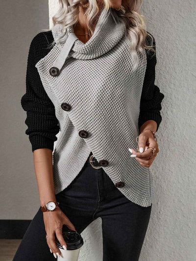 LUNE Colorblock Button Front Asymmetrical Hem Sweater,Long Sleeve Tops