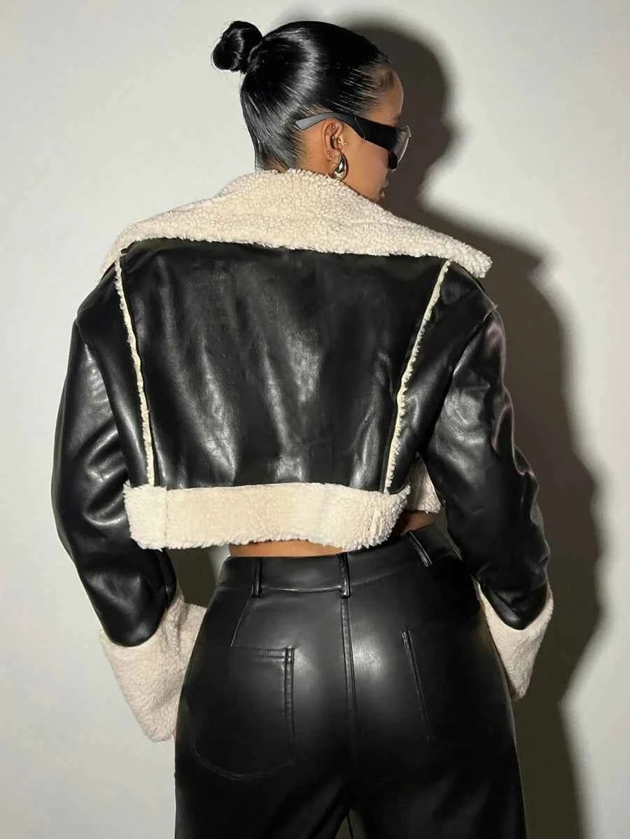 SHEIN ICON Teddy Lined Crop Black PU Leather Moto Jacket