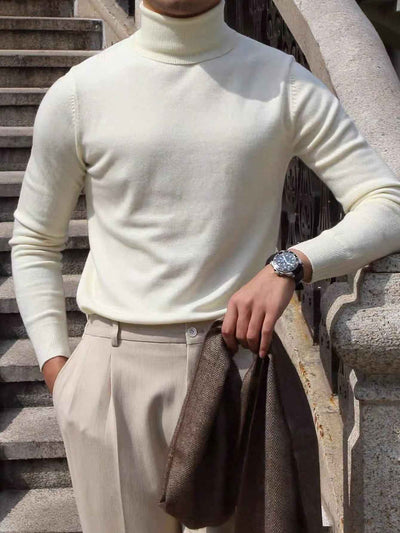 Men's Solid Color Long Sleeve Turtleneck Minimalist Sweater, Casual Everyday Wear