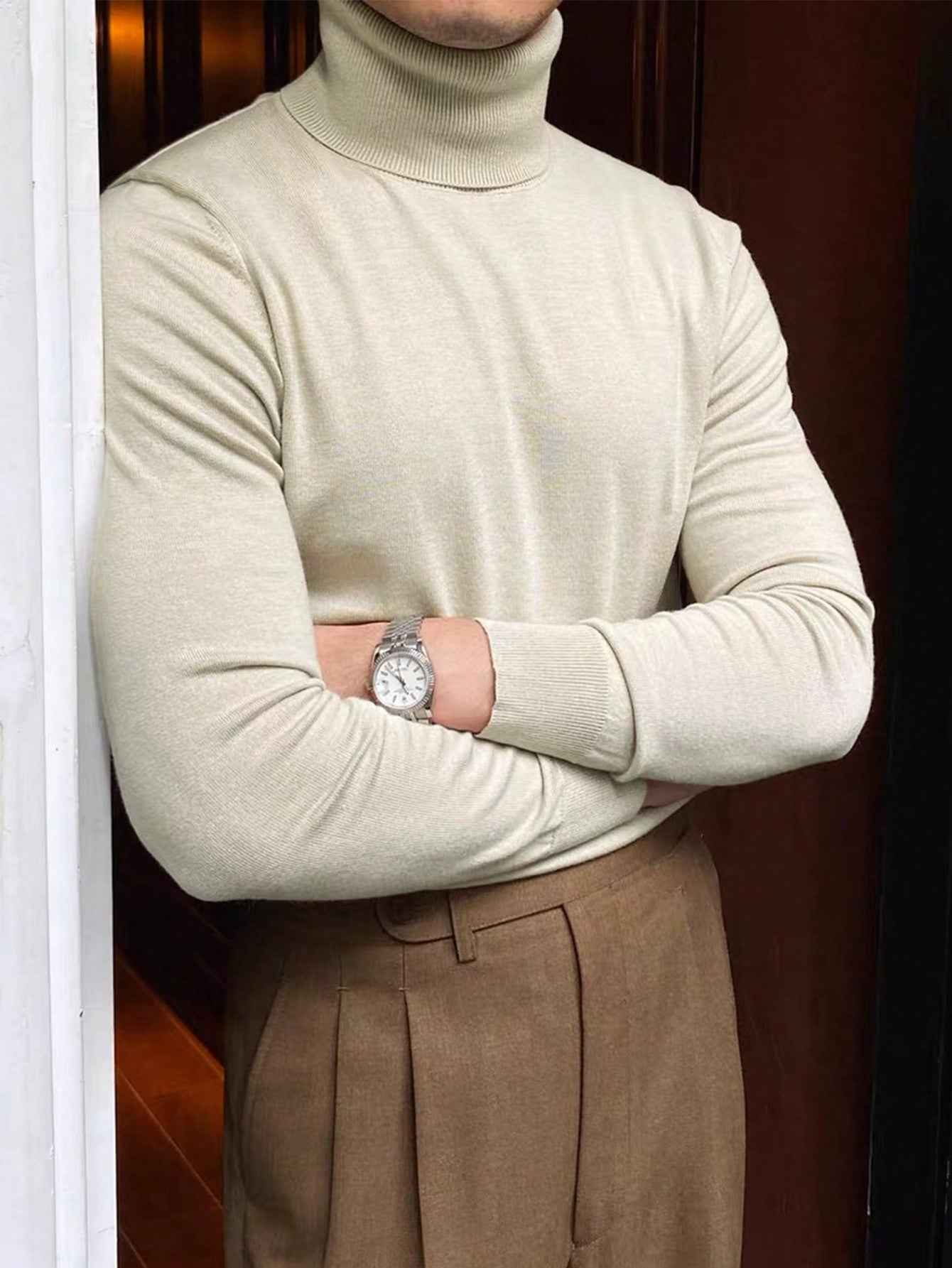Men's Solid Color Long Sleeve Turtleneck Minimalist Sweater, Casual Everyday Wear