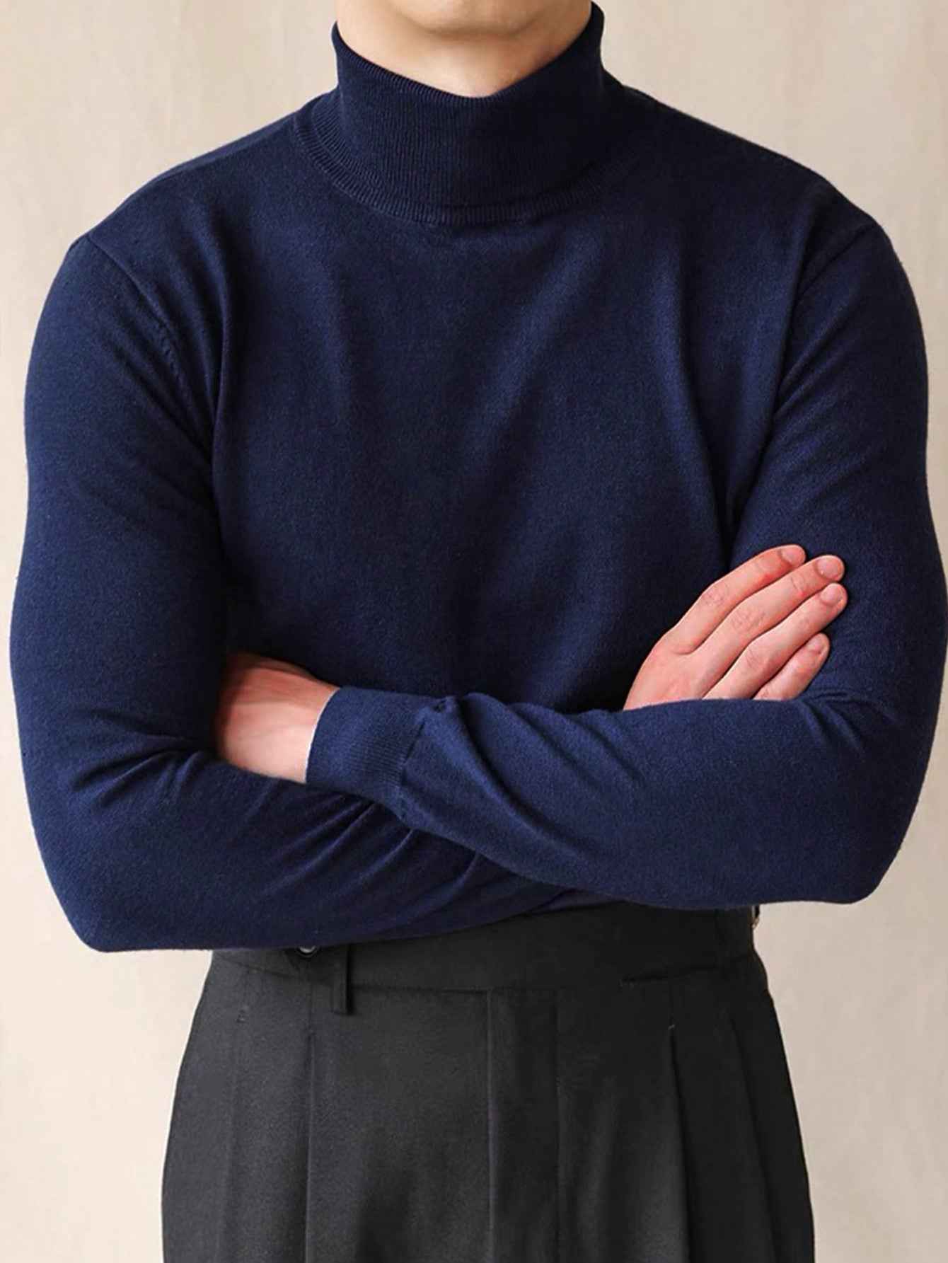 Men's Solid Color Long Sleeve Turtleneck Minimalist Sweater, Casual Everyday Wear