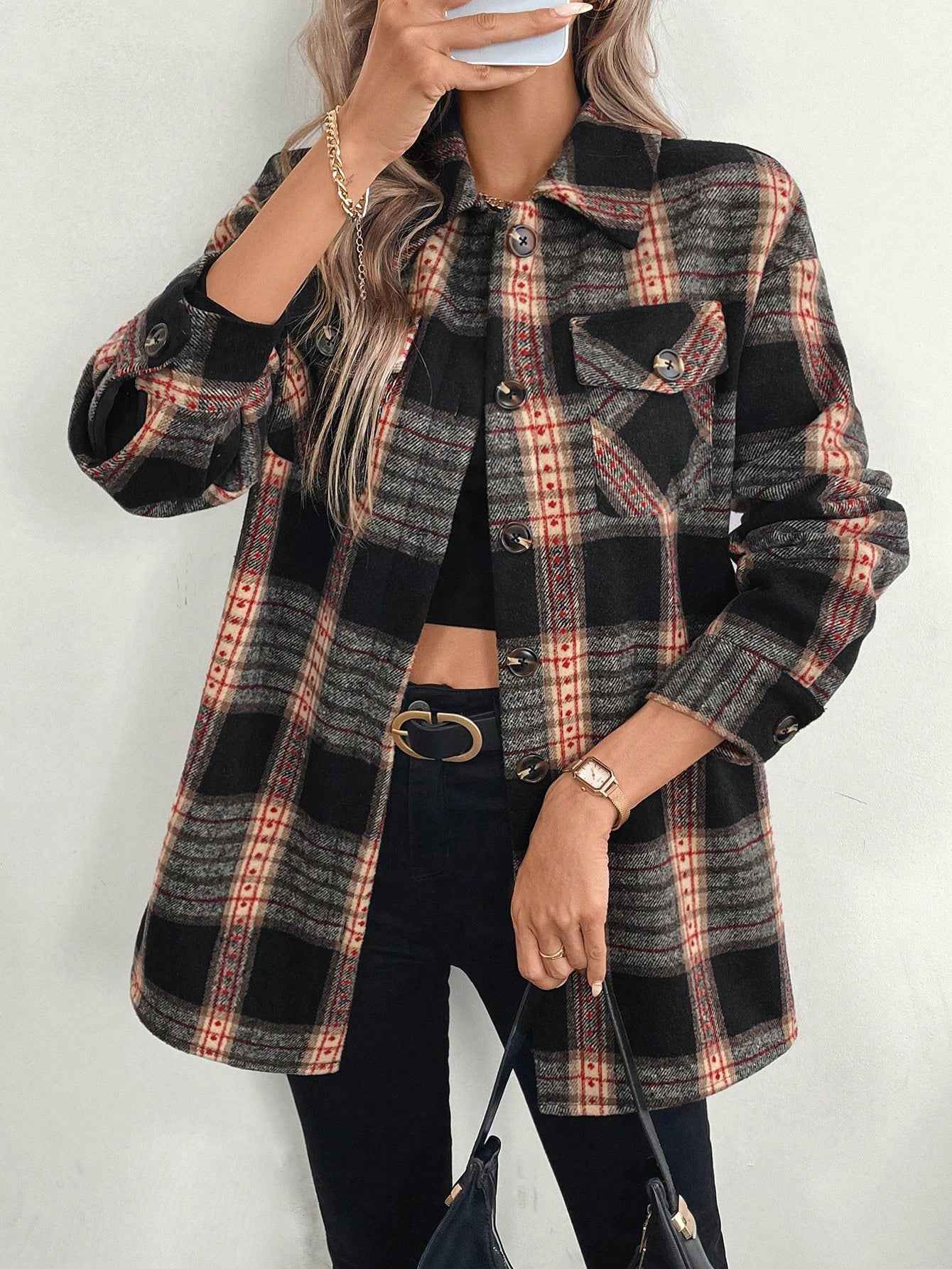LUNE Women's Plaid Print Long Sleeve Thermal Lined Casual Shirt Jacket, Autumn/Winter