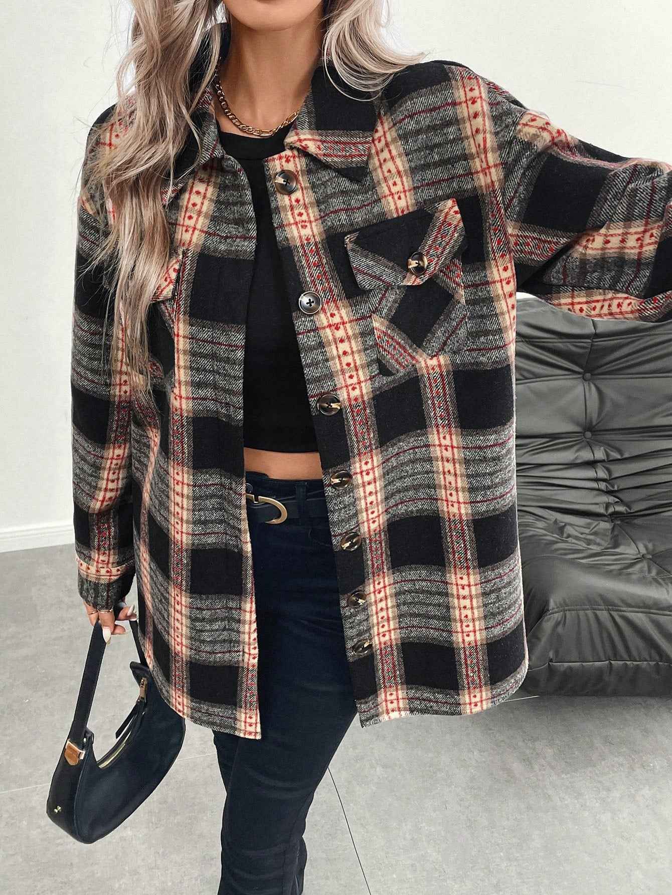 LUNE Women's Plaid Print Long Sleeve Thermal Lined Casual Shirt Jacket, Autumn/Winter