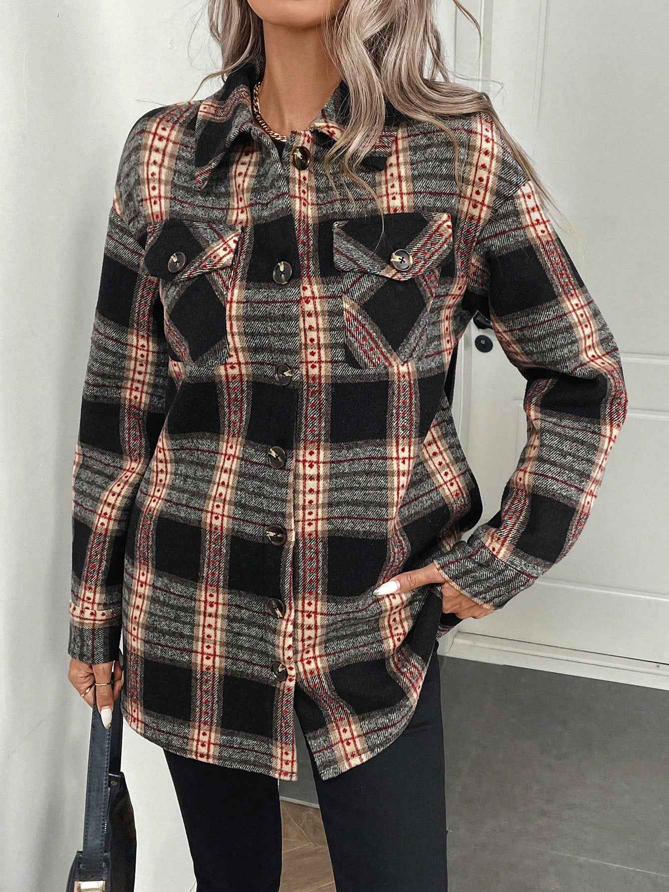 LUNE Women's Plaid Print Long Sleeve Thermal Lined Casual Shirt Jacket, Autumn/Winter