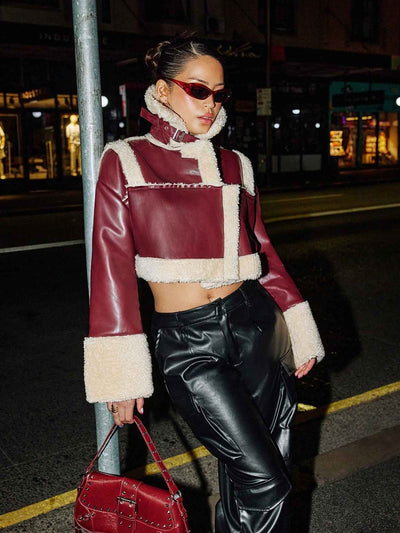 SHEIN ICON Teddy Lined Crop Black PU Leather Moto Jacket