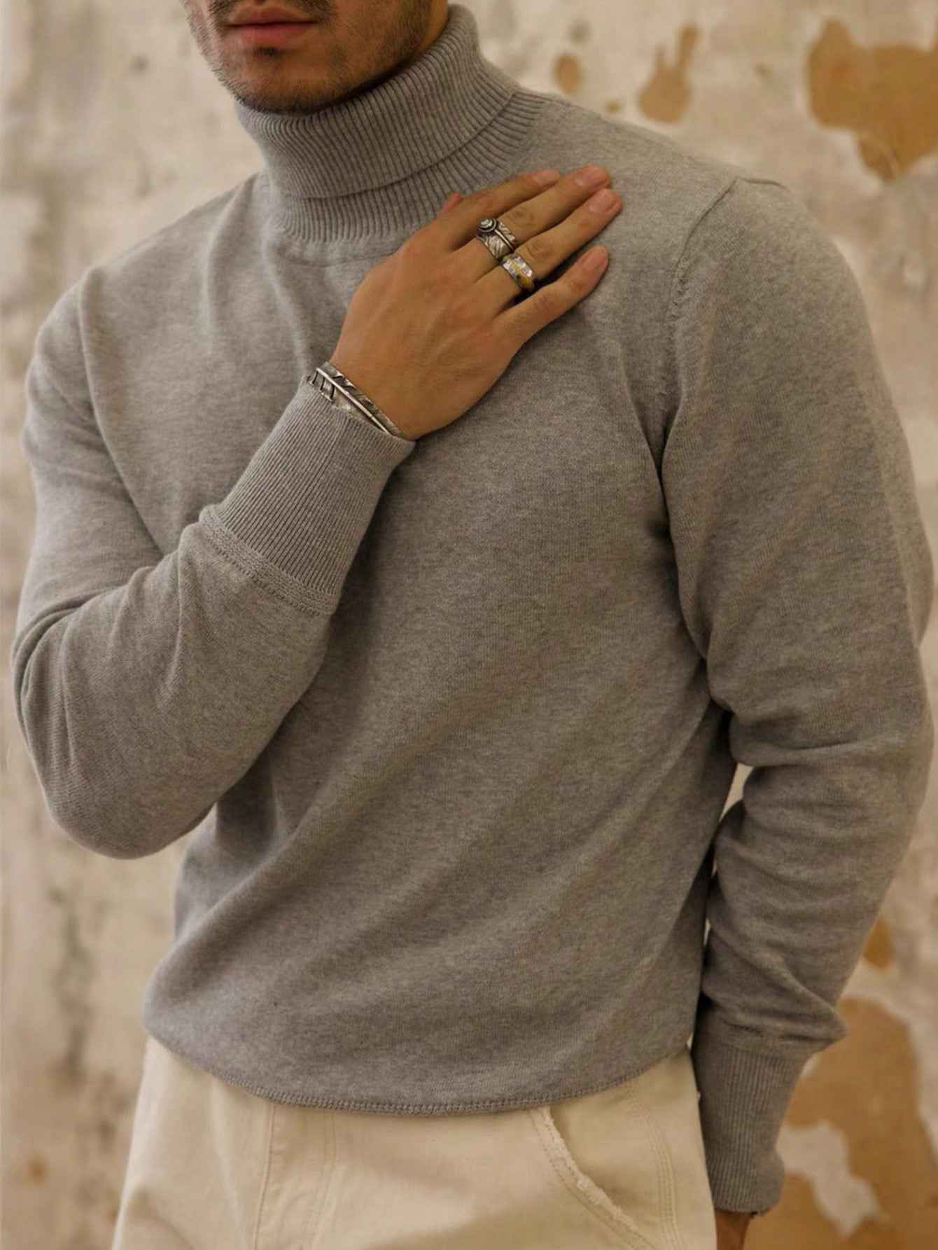 Men's Solid Color Long Sleeve Turtleneck Minimalist Sweater, Casual Everyday Wear