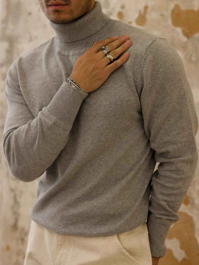Men's Solid Color Long Sleeve Turtleneck Minimalist Sweater, Casual Everyday Wear