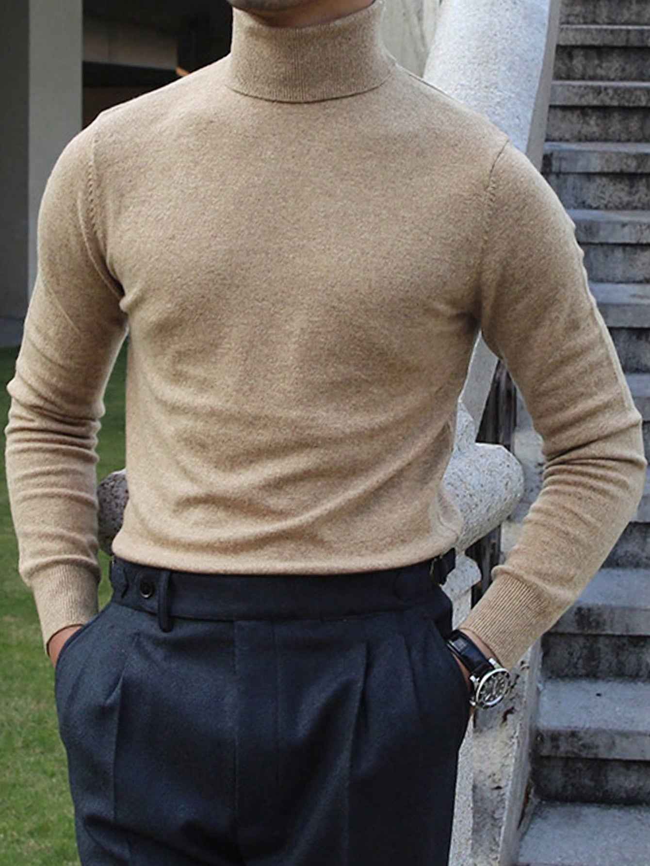Men's Solid Color Long Sleeve Turtleneck Minimalist Sweater, Casual Everyday Wear