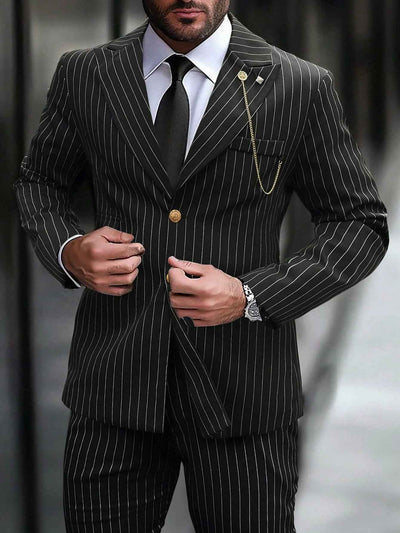 Manfinity Mode Men Business Striped Lapel Neck Long Sleeve Jacket And Pants Suit, For Autumn