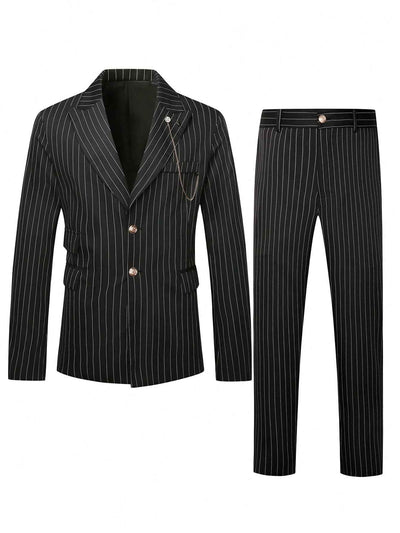 Manfinity Mode Men Business Striped Lapel Neck Long Sleeve Jacket And Pants Suit, For Autumn
