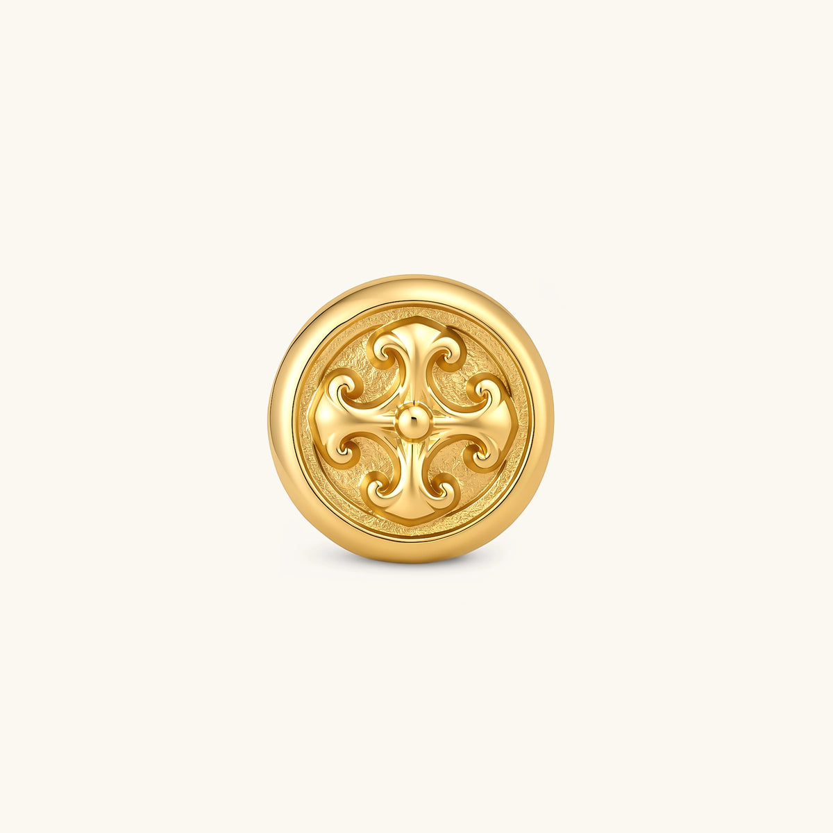 Gold circular stud earring with raised baroque scroll motif, polished bezel edge, and butterfly push-back closure. S925 stamped.