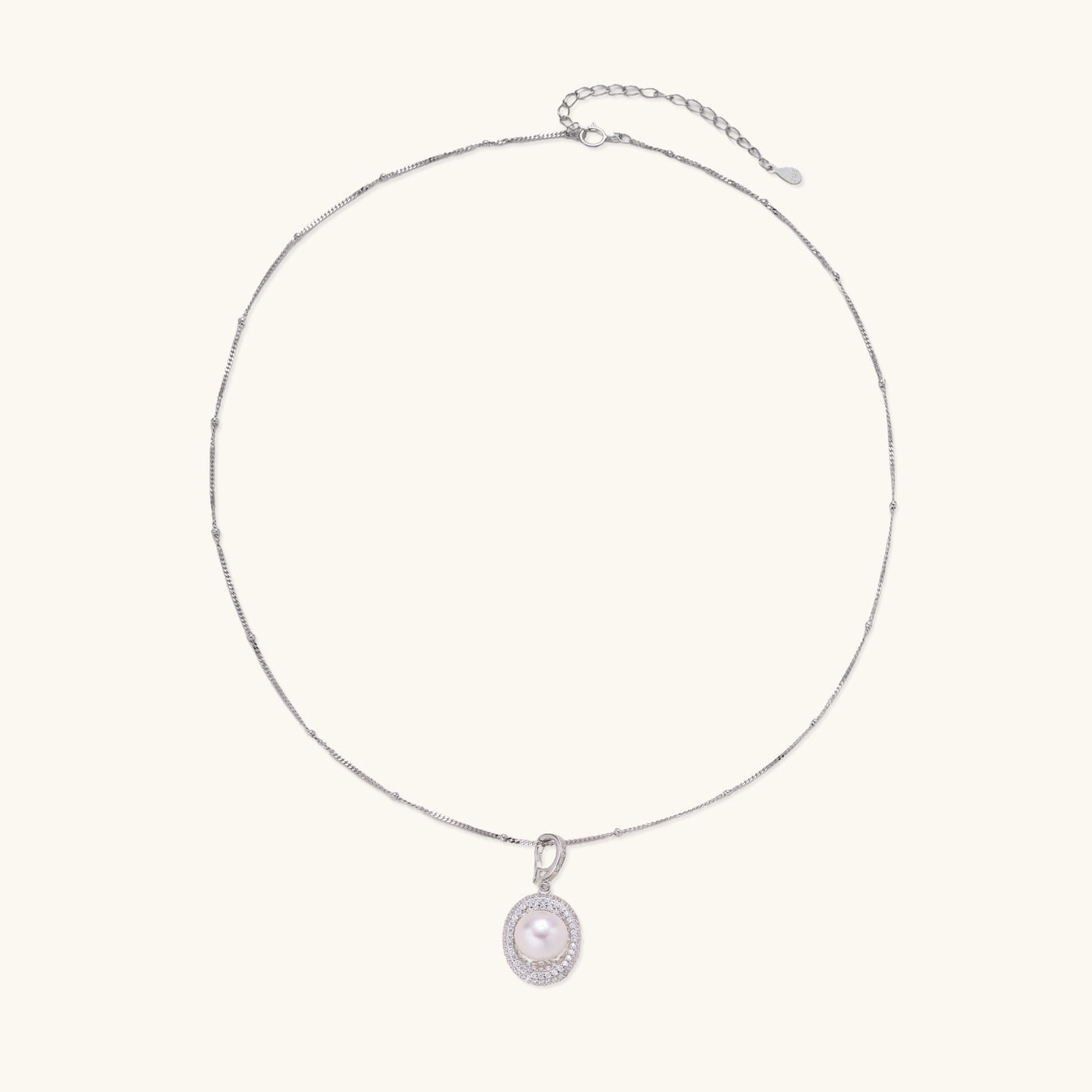 Sterling silver necklace with freshwater pearl in sparkling crystal halo pendant on delicate beaded chain