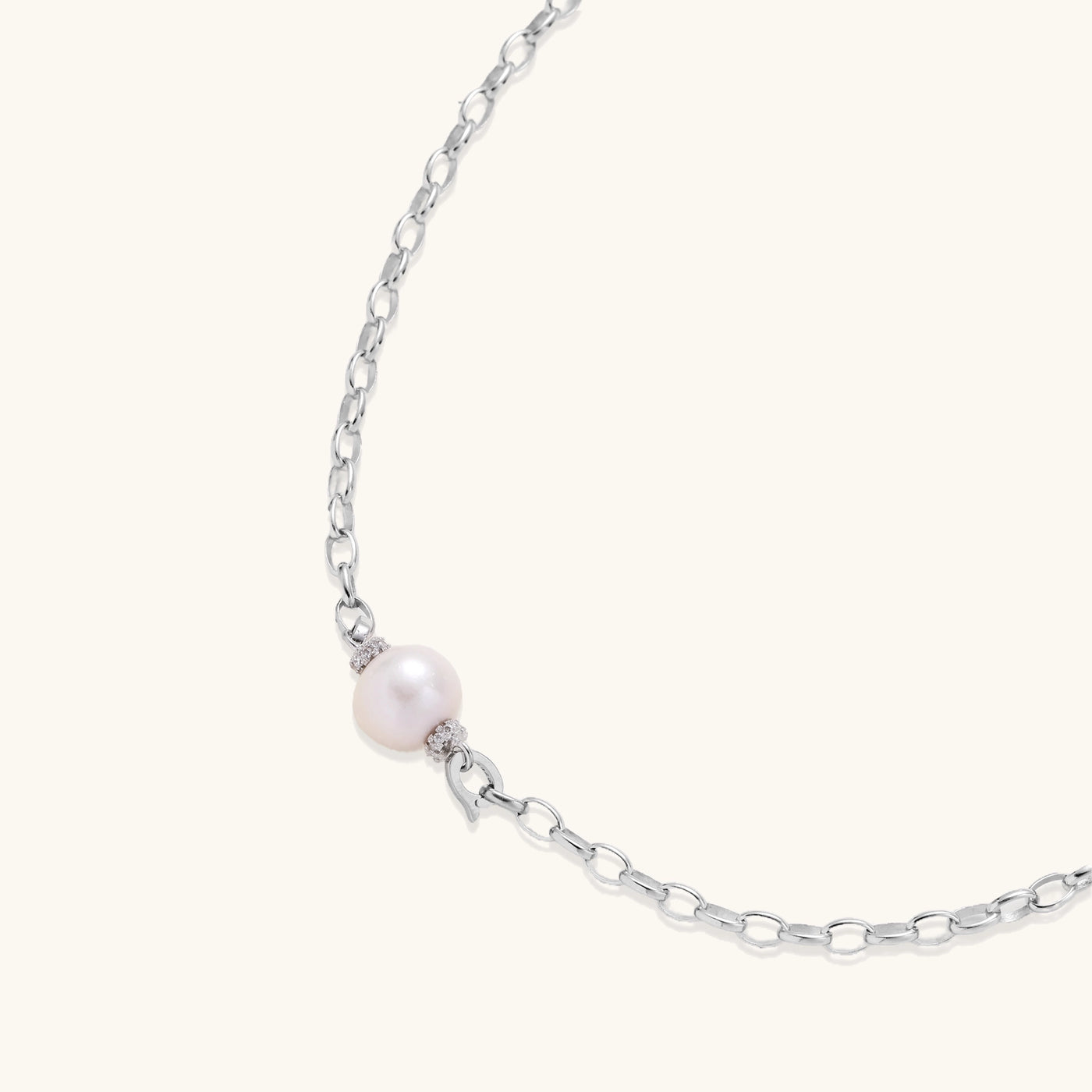 Sterling silver chain necklace with single white freshwater pearl centerpiece on neutral background, 445mm length.