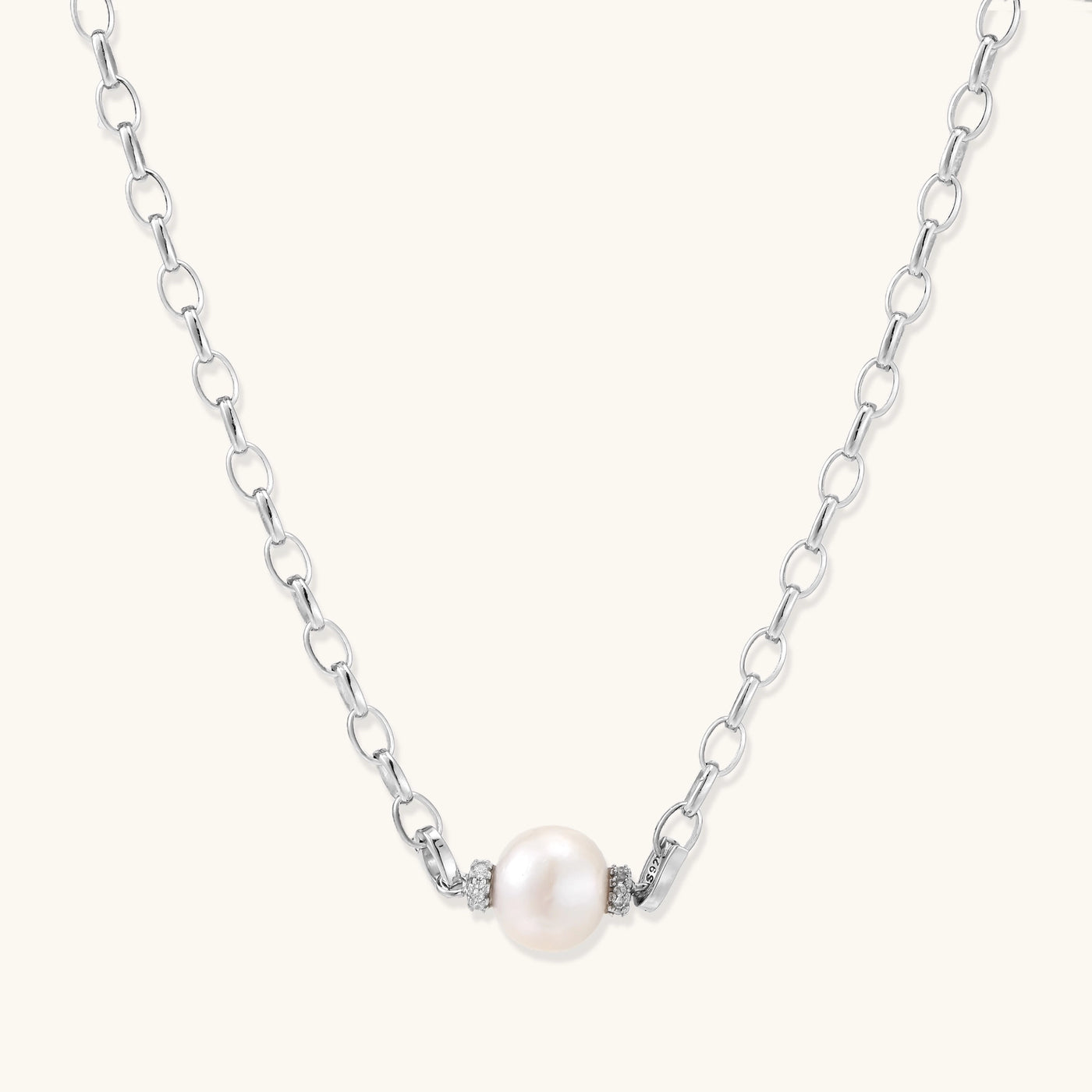 Sterling silver chain necklace with single white freshwater pearl centerpiece on neutral background, 445mm length.