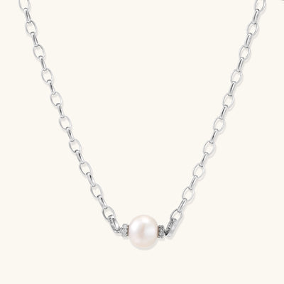 Sterling silver chain necklace with single white freshwater pearl centerpiece on neutral background, 445mm length.