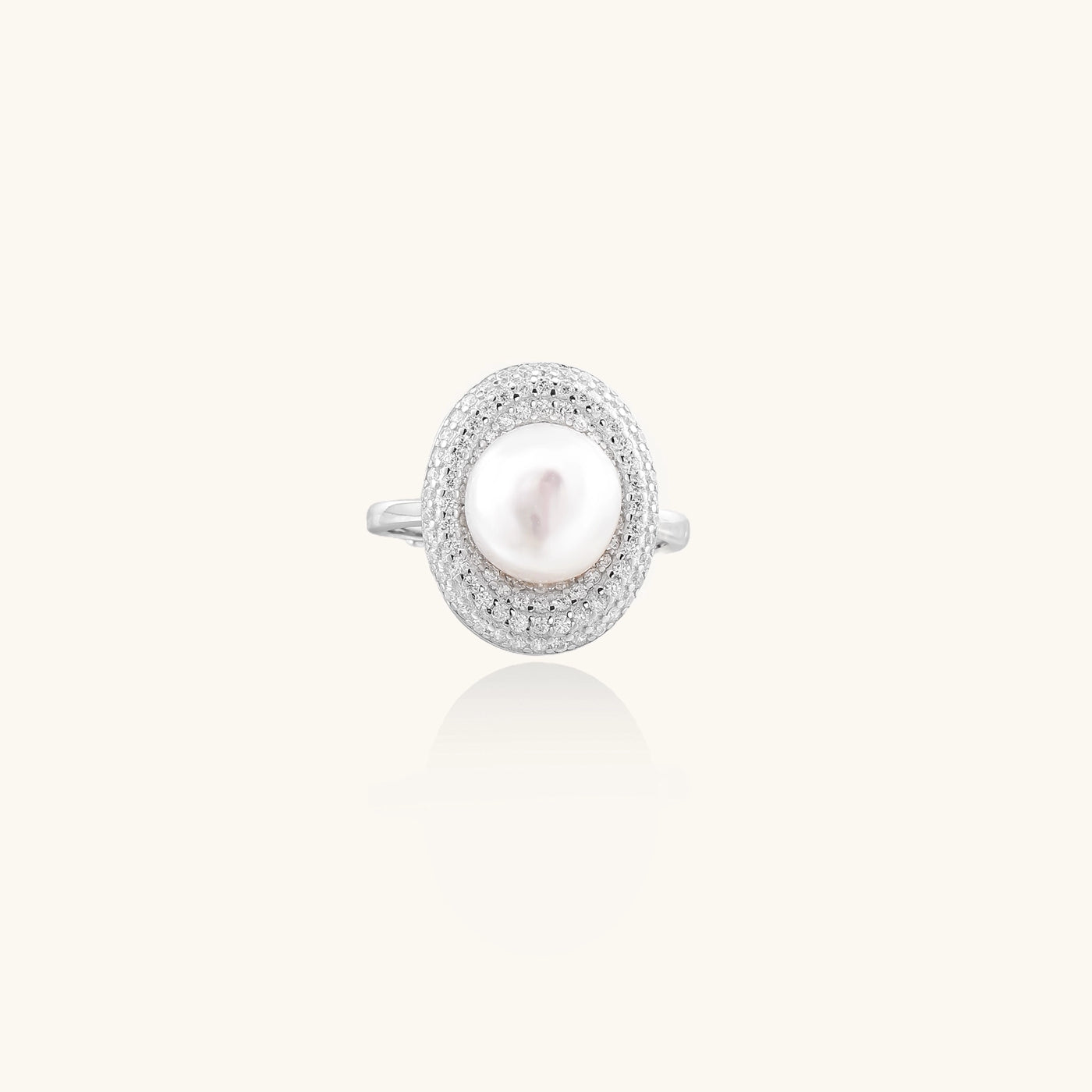 Sterling silver ring with 9mm freshwater pearl center surrounded by double halo of sparkling crystals