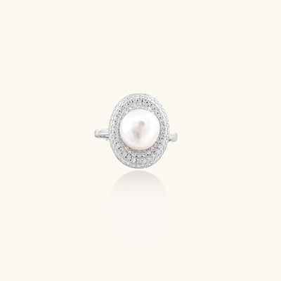 Sterling silver ring with 9mm freshwater pearl center surrounded by double halo of sparkling crystals