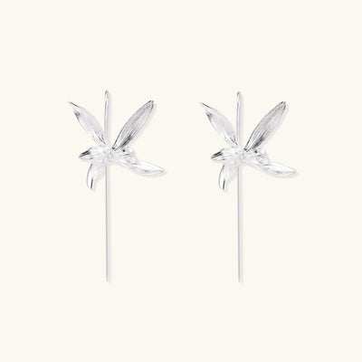 Delicate sterling silver flower earrings with long threader posts and five-petal design on white background.