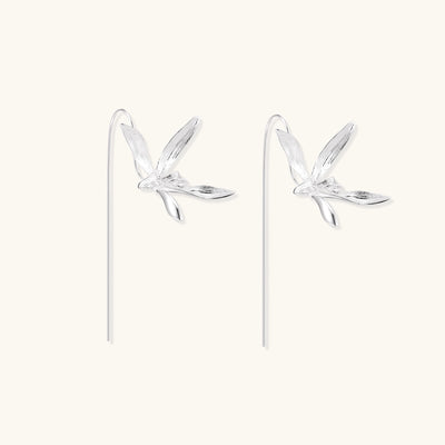 Delicate sterling silver flower earrings with long threader posts and five-petal design on white background.