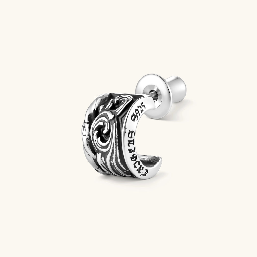 925 sterling silver hoop stud earring with dark baroque scroll engravings and gothic lettering, screw-back post.