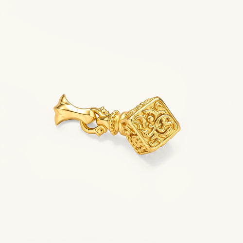 Gold 24K plated sterling silver hexagonal pendant with baroque scroll engravings on a box-link chain, 37mm length.