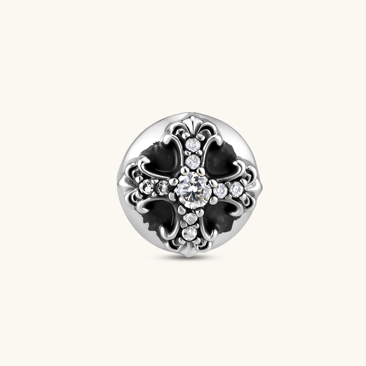 Sterling silver dome stud earring with oxidized black petals, ornate scrollwork, and clear cubic zirconia stones, butterfly back.