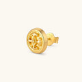 Gold circular stud earring with raised baroque scroll motif, polished bezel edge, and butterfly push-back closure. S925 stamped.